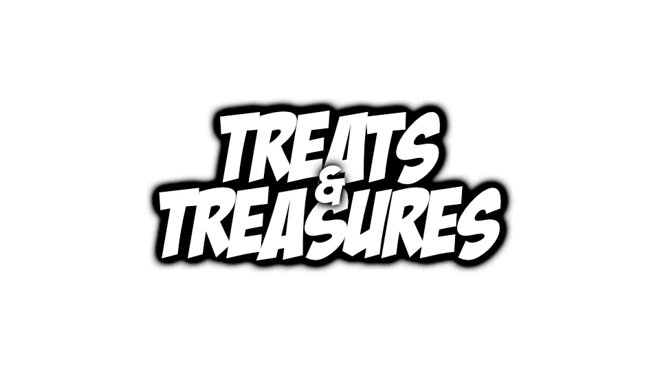 A stylized black and white logo reading 'TREATS & TREASURES' centered on a plain white background.