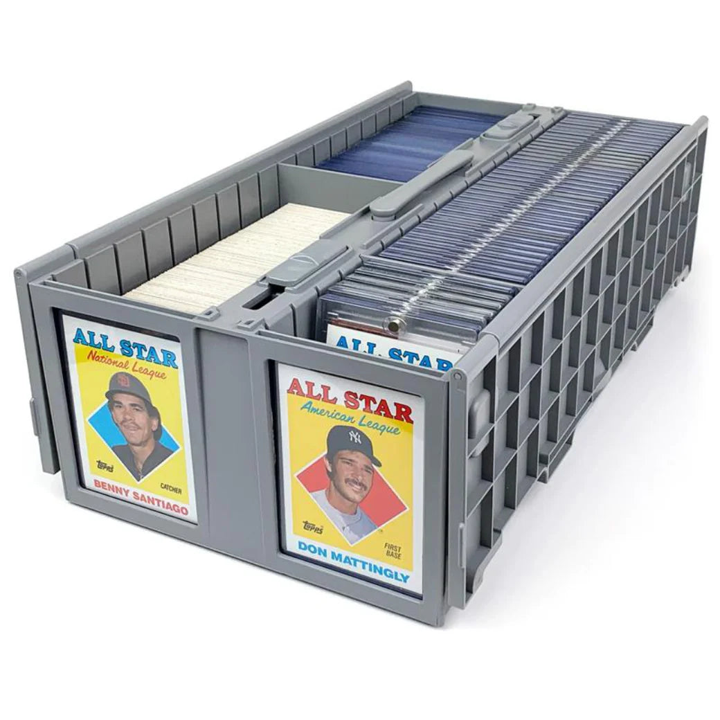BCW gray storage crate with baseball cards featuring players like Benny Santiago and Don Mattingly on a white background.