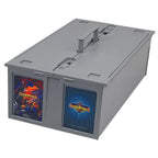 A BCW gray plastic storage box with a handle on top and two clear front windows displaying collectible cards. The left window shows an Overpower 6 card, and the right window shows an Overpower card, set against a plain white background.