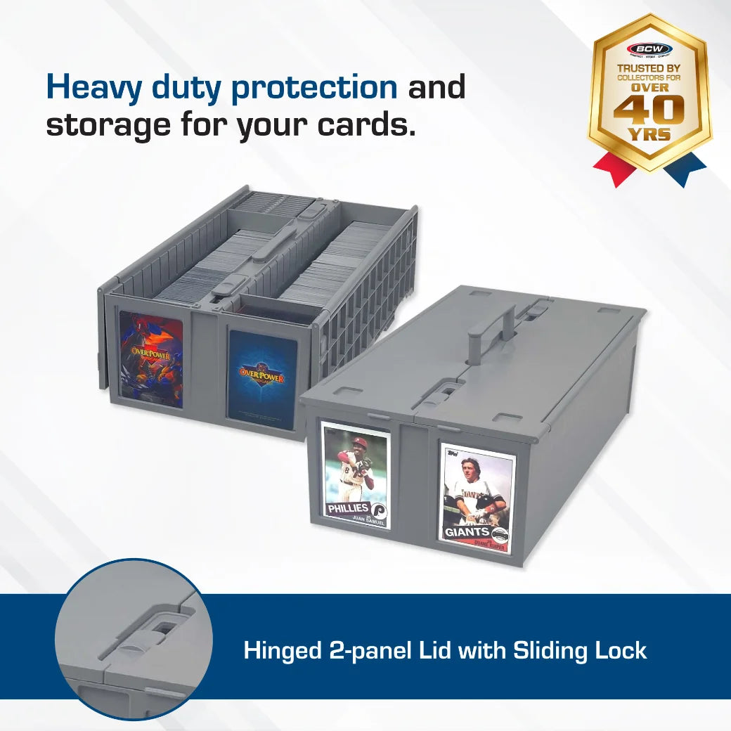Card storage box with hinged 2-panel lid and sliding lock, featuring BCW branding and product features.
