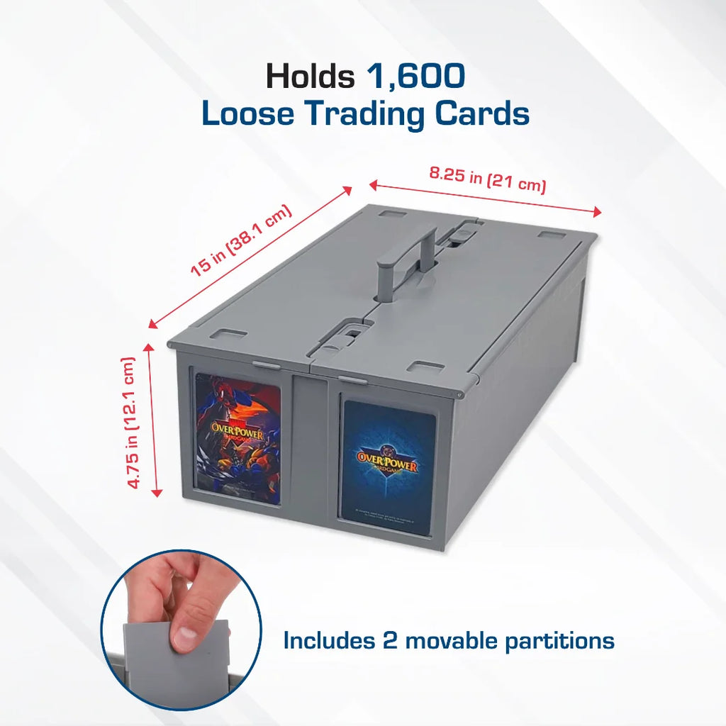 BCW gray trading card storage box with dimensions and features highlighted on a white background