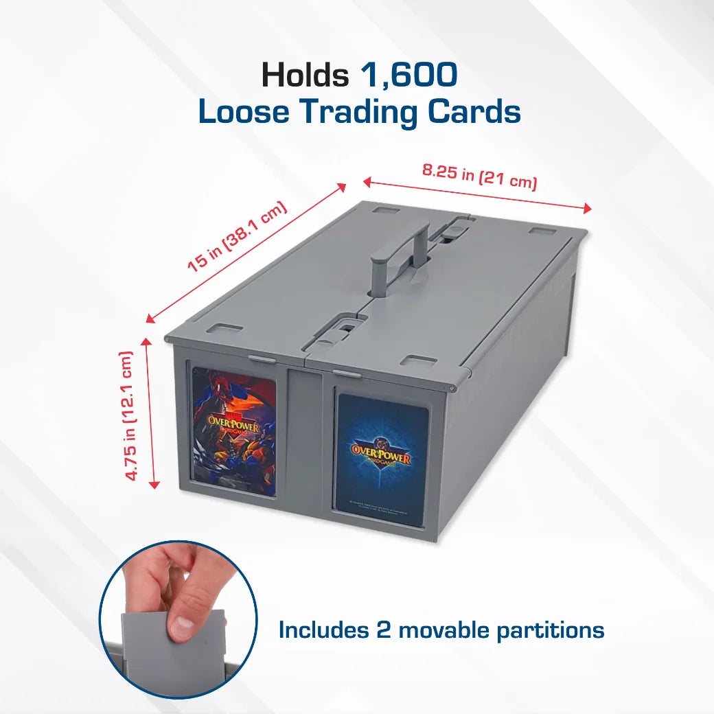 BCW gray trading card storage box with dimensions and features highlighted on a white background