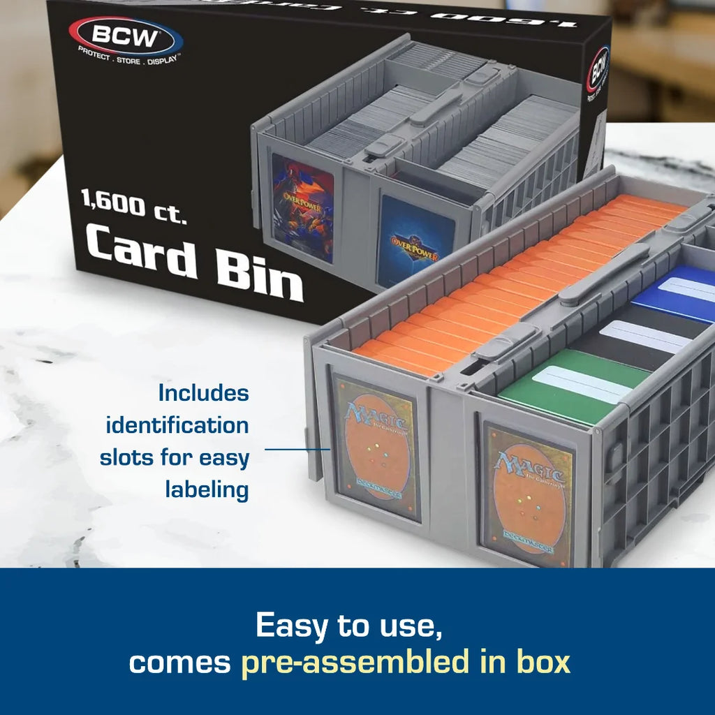 Card bin with identification slots for easy labeling, featuring BCW branding.