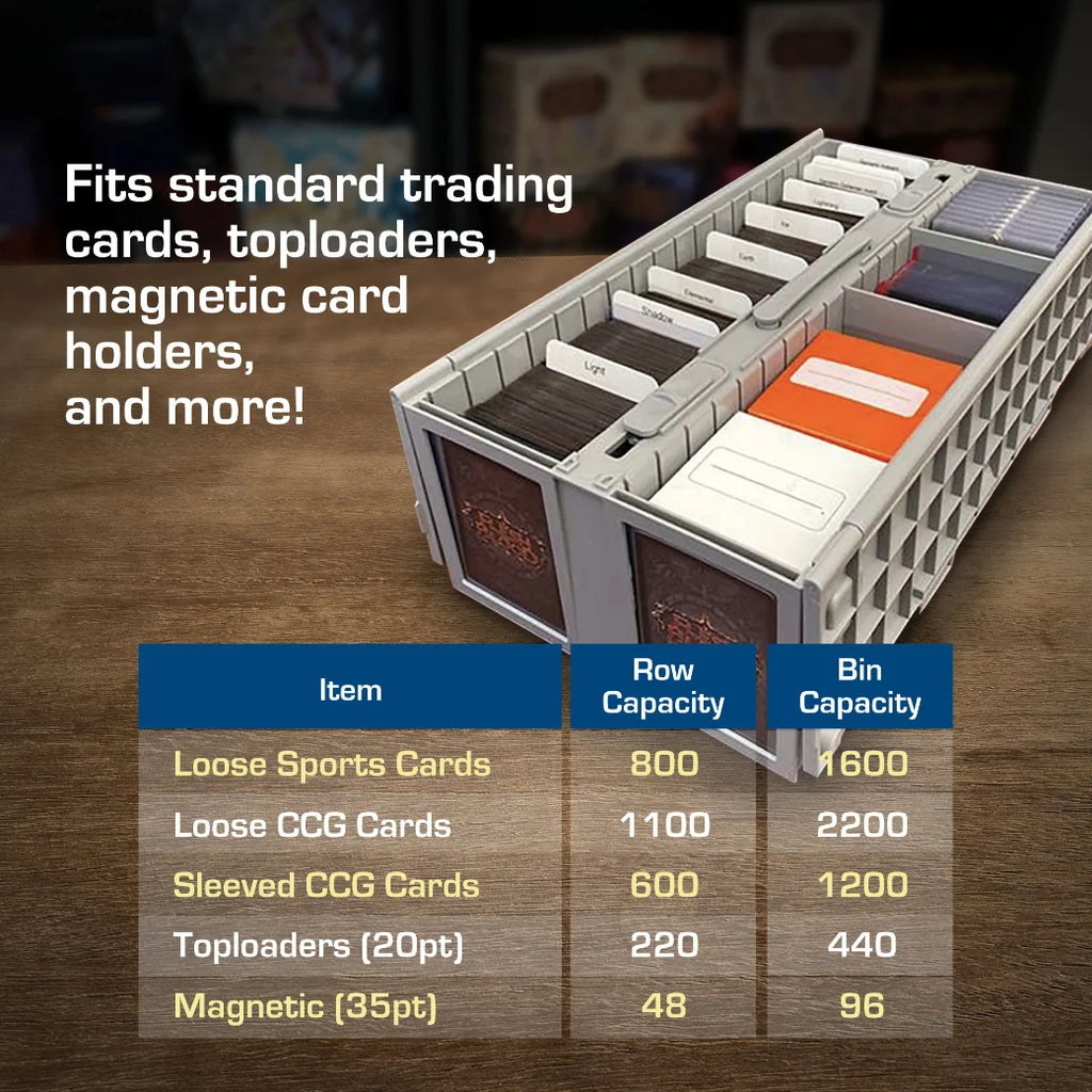 BCW card storage organizer with capacity chart on a wooden surface.