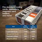 BCW card storage organizer with capacity chart on a wooden surface.