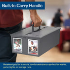 BCW gray carrying case with built-in handle, featuring images of sports players on a blurred background.