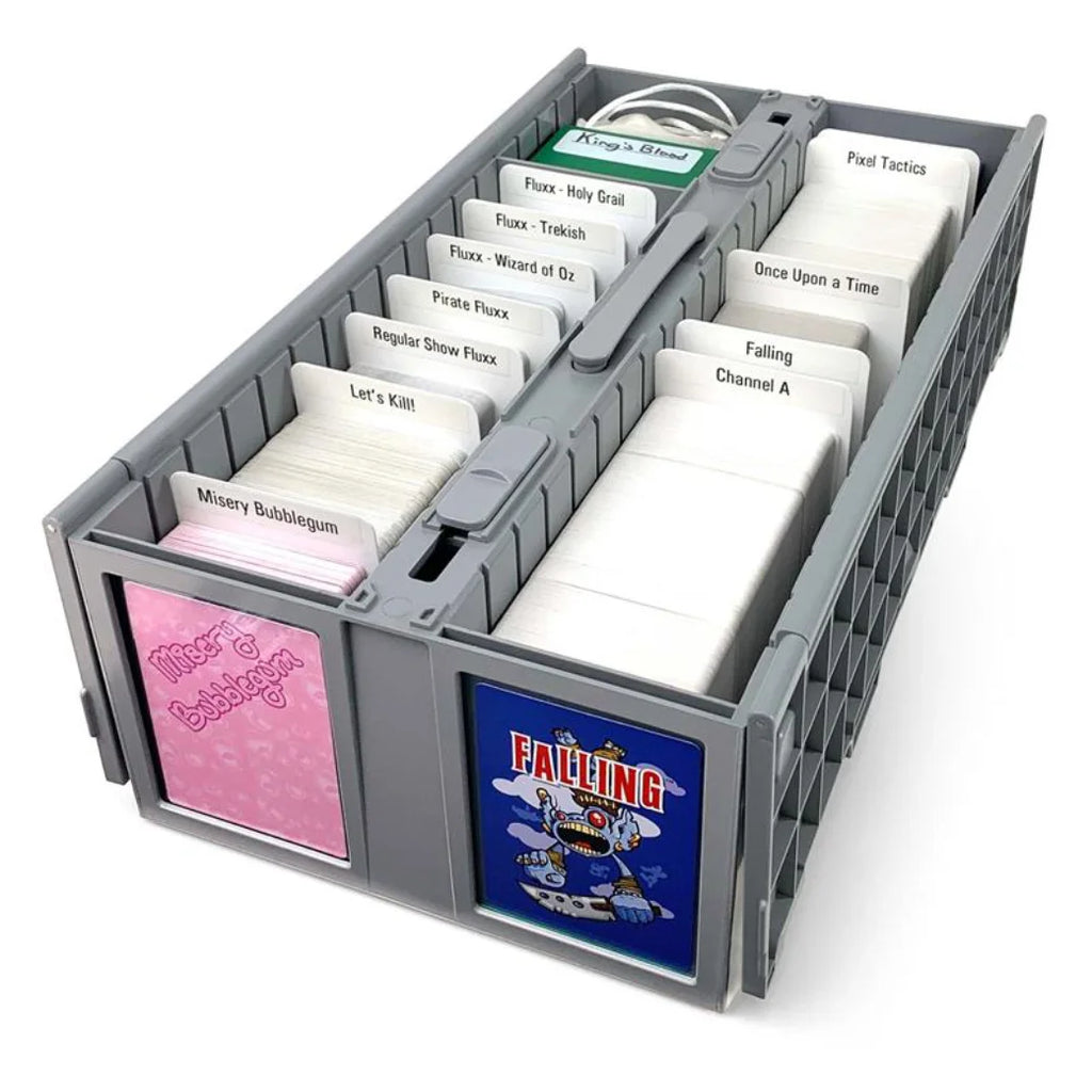 BCW gray card organizer with various cards inside on a white background.