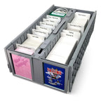 BCW gray card organizer with various cards inside on a white background.