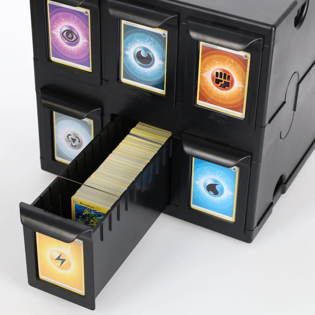 BCW card organiser with compartments holding trading cards on a white background.