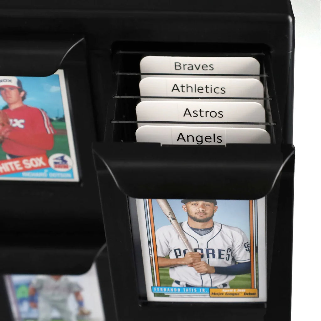 Collection of baseball trading cards with team labels in a BCW card organiser.