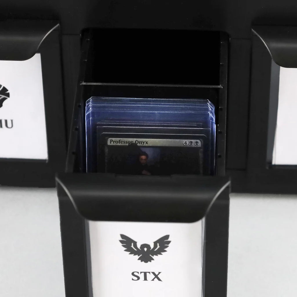 BCW card organiser with trading cards inside, featuring the STX brand.