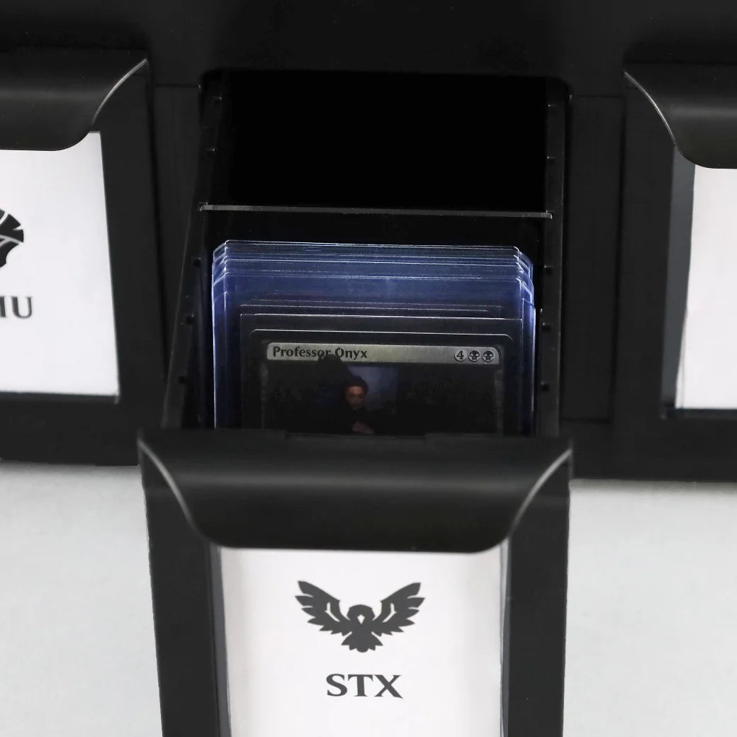 BCW card organiser with trading cards inside, featuring the STX brand.