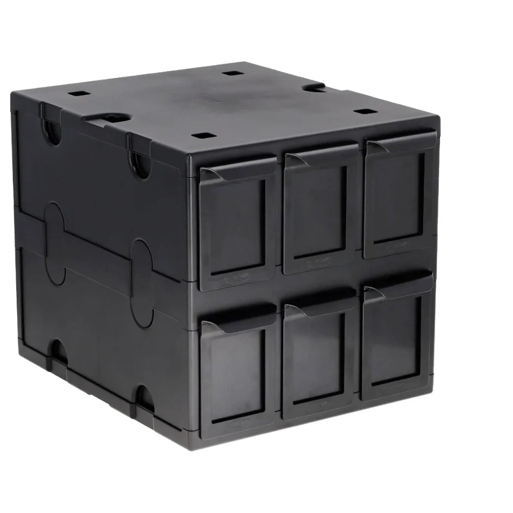 A BCW black plastic modular storage box with six small front-facing compartments, shown on a plain white background.