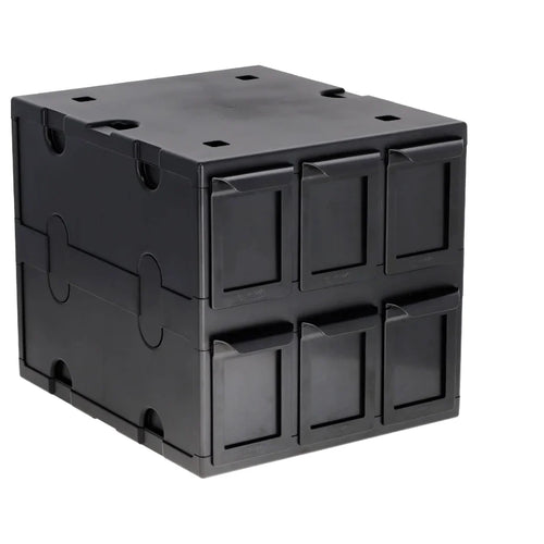 A BCW black plastic modular storage box with six small front-facing compartments, shown on a plain white background.
