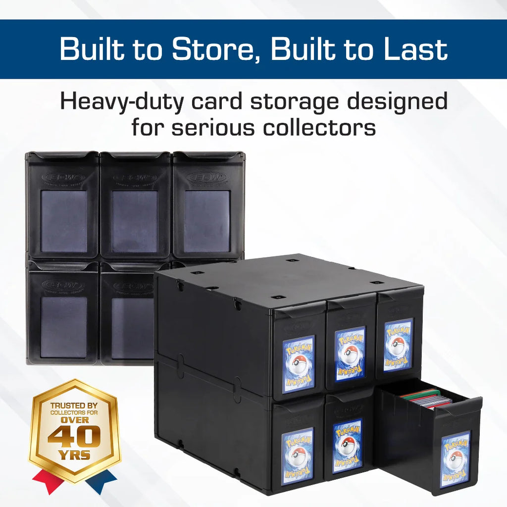 BCW black card storage boxes with visible cards, text 'Built to Store, Built to Last' and 'Heavy-duty card storage designed for serious collectors'.