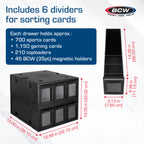 Black storage cube with dividers for sorting cards, including dimensions and BCW branding.