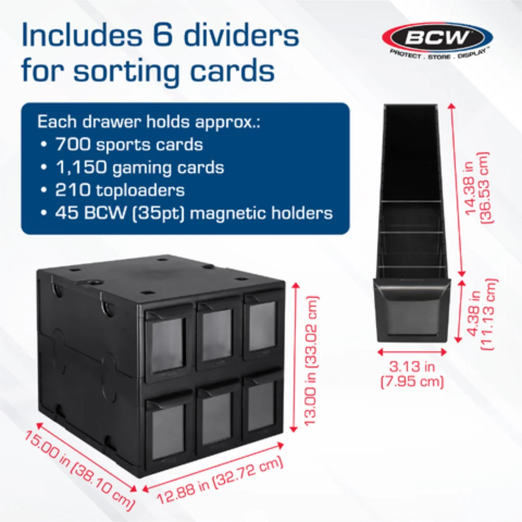 Black storage cube with dividers for sorting cards, including dimensions and BCW branding.