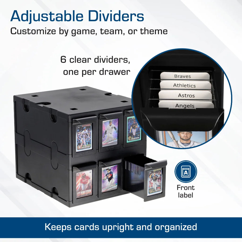 BCW black card organiser with adjustable dividers for card storage, featuring images of baseball cards and text about customisation options.