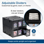 BCW black card organiser with adjustable dividers for card storage, featuring images of baseball cards and text about customisation options.
