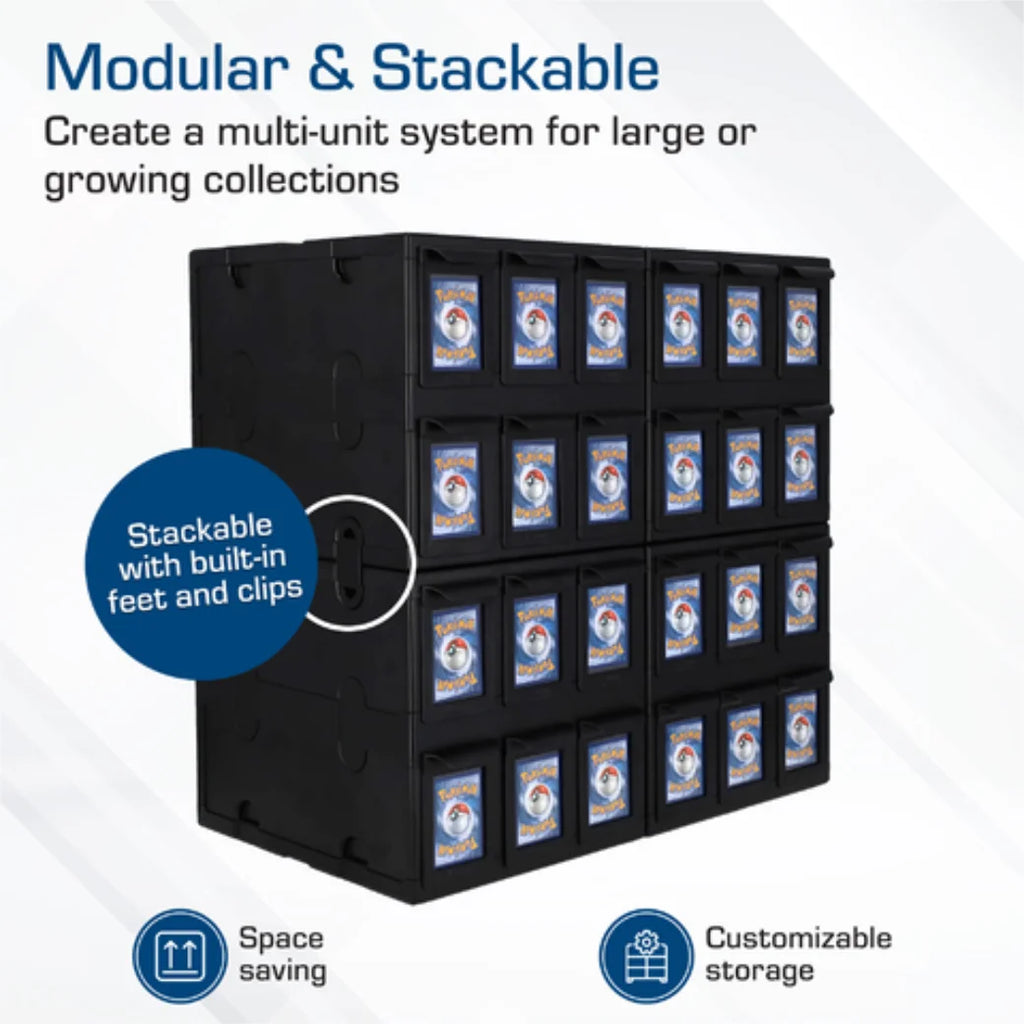 BCW stackable black storage drawers for trading cards.
