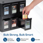 A BCW black card storage organiser with six drawers, shown with a hand inserting a Magic: The Gathering card into one open drawer. The image includes marketing text and feature icons at the bottom.