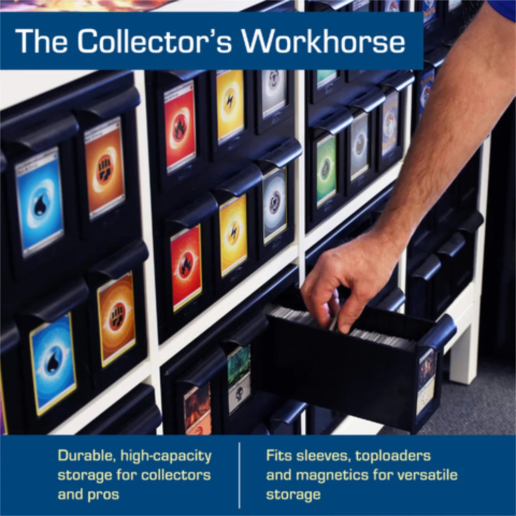 BCW storage system for collectible trading cards with colorful labels and a hand reaching into one of the drawers.