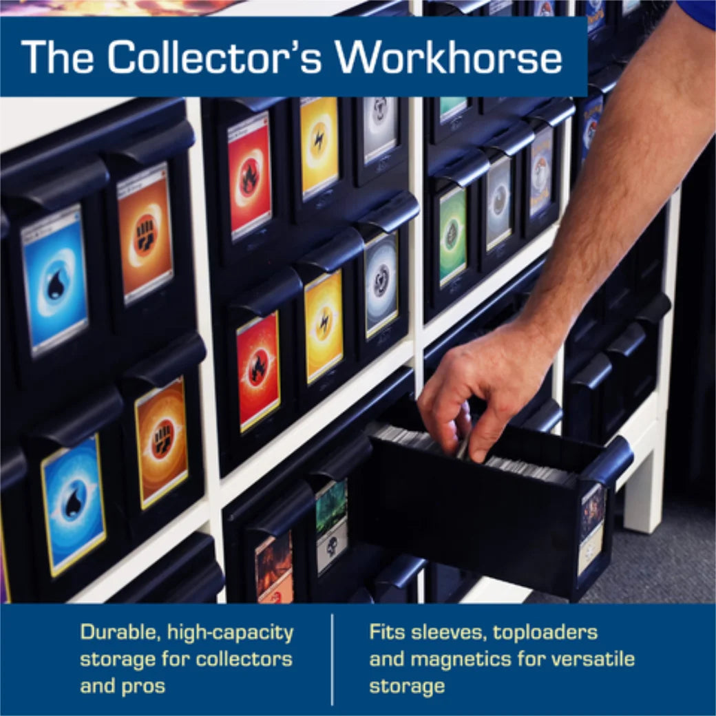 BCW storage system for collectible trading cards with colorful labels and a hand reaching into one of the drawers.