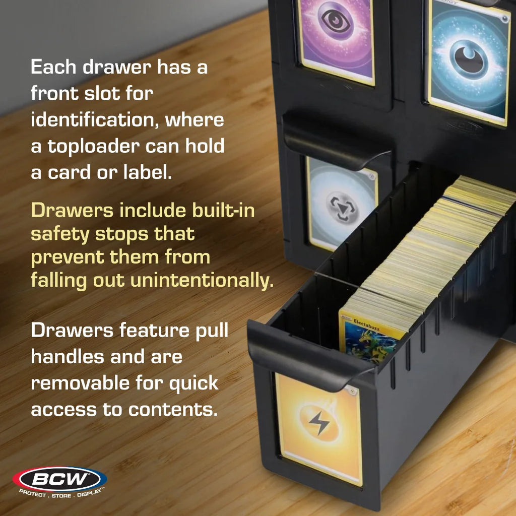 Card organiser with drawers and BCW branding on a wooden surface