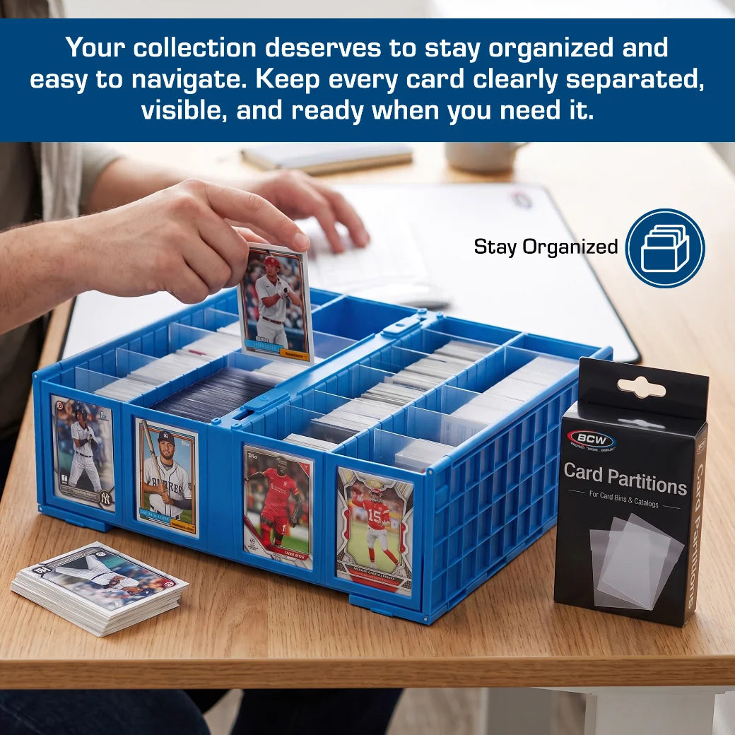 A blue plastic card partition organizer tray on a wooden table, with a person's hand placing a sports trading card into the compartments. The packaging box for BCW Card Partitions is shown on the right, and a promotional text banner at the top explains the benefits of staying organized.