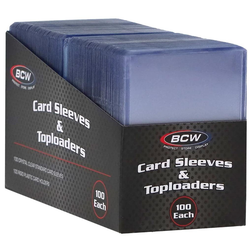 BCW Card Sleeves & Toploaders in a black retail display box, showing a stack of translucent blue plastic card sleeves.