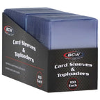 BCW Card Sleeves & Toploaders in a black retail display box, showing a stack of translucent blue plastic card sleeves.