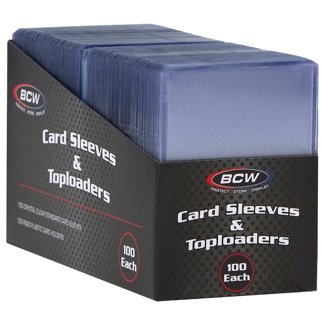 BCW Card Sleeves & Toploaders in a black retail display box, showing a stack of translucent blue plastic card sleeves.