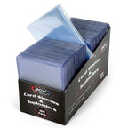 BCW brand card sleeves and toploaders in a black retail box, with translucent blue plastic sleeves visible, propped open on a white background.