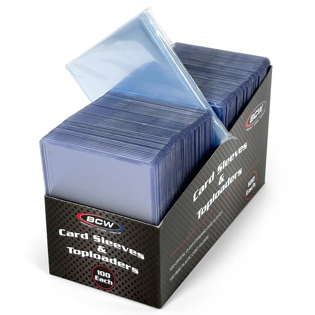 BCW brand card sleeves and toploaders in a black retail box, with translucent blue plastic sleeves visible, propped open on a white background.
