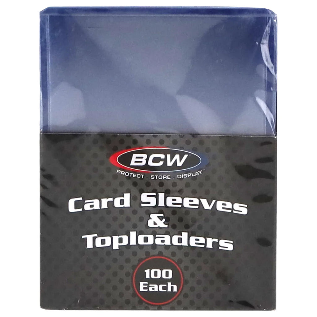 BCW Card Sleeves & Toploaders retail box containing 100 sleeves, with a dark patterned lower section and a translucent blue upper section.