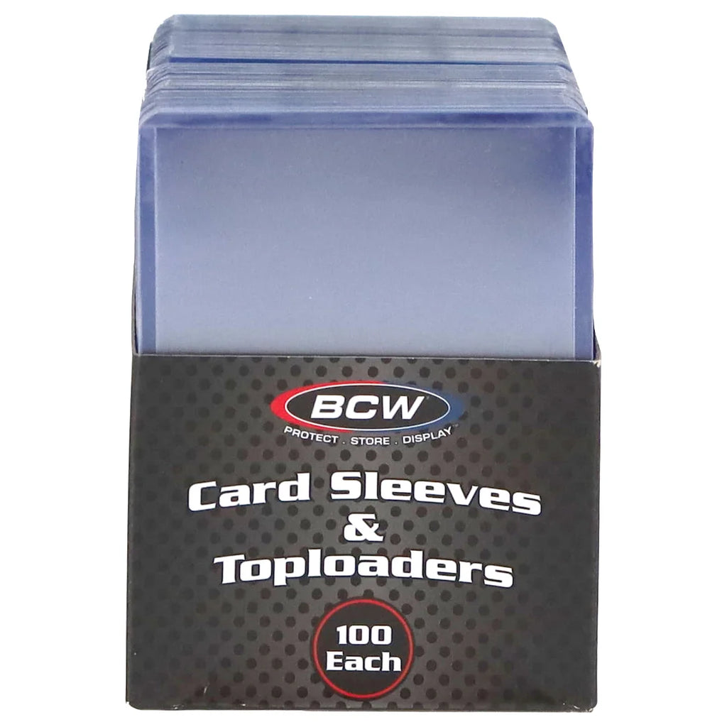 A box of BCW card sleeves and toploaders, showing a stack of translucent blue protective sleeves on top of a black retail box labeled 'BCW Card Sleeves & Toploaders' and '100 Each'.