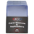 A box of BCW card sleeves and toploaders, showing a stack of translucent blue protective sleeves on top of a black retail box labeled 'BCW Card Sleeves & Toploaders' and '100 Each'.
