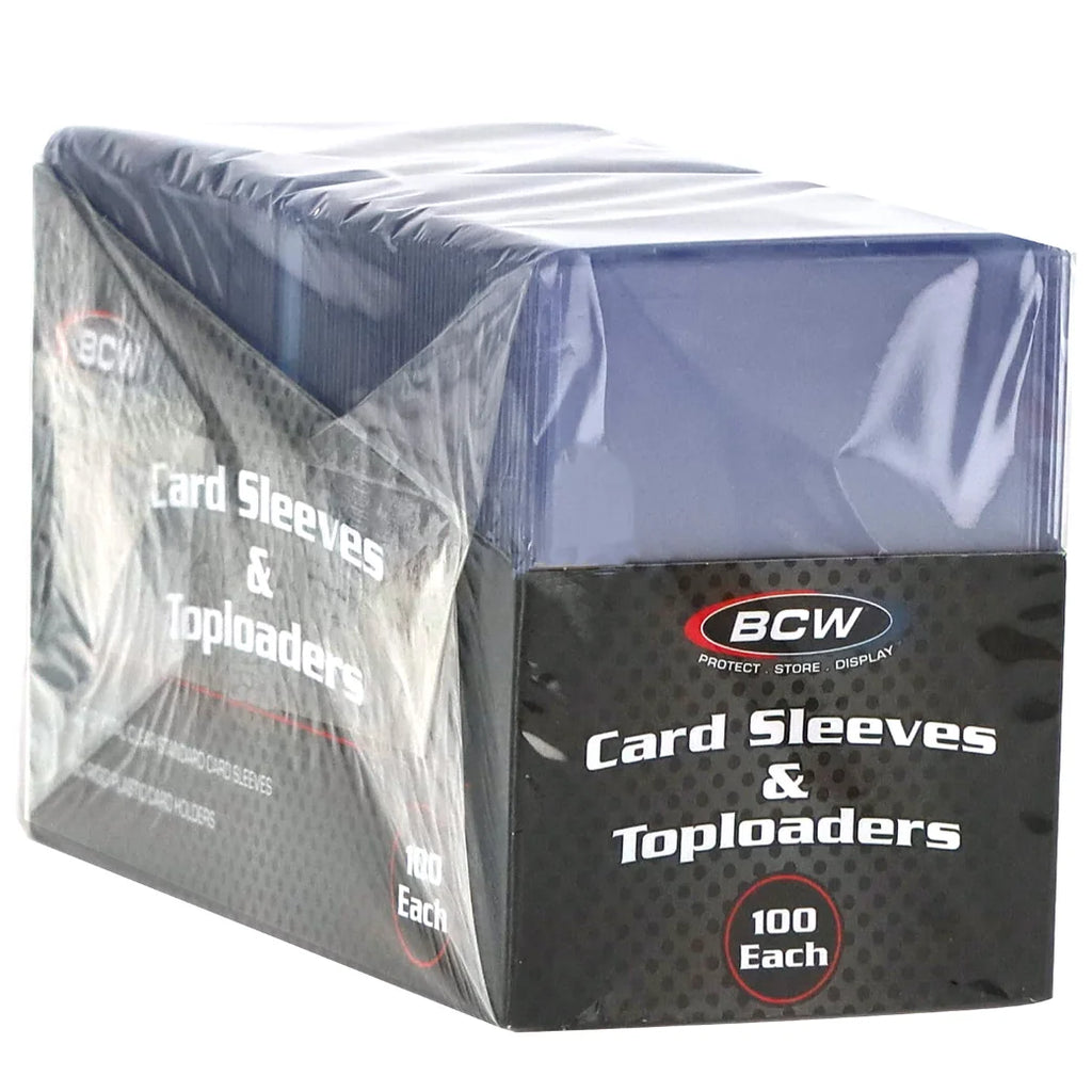 BCW Card Sleeves & Toploaders pack of 100, wrapped in clear protective plastic with a black and dark gray retail box.