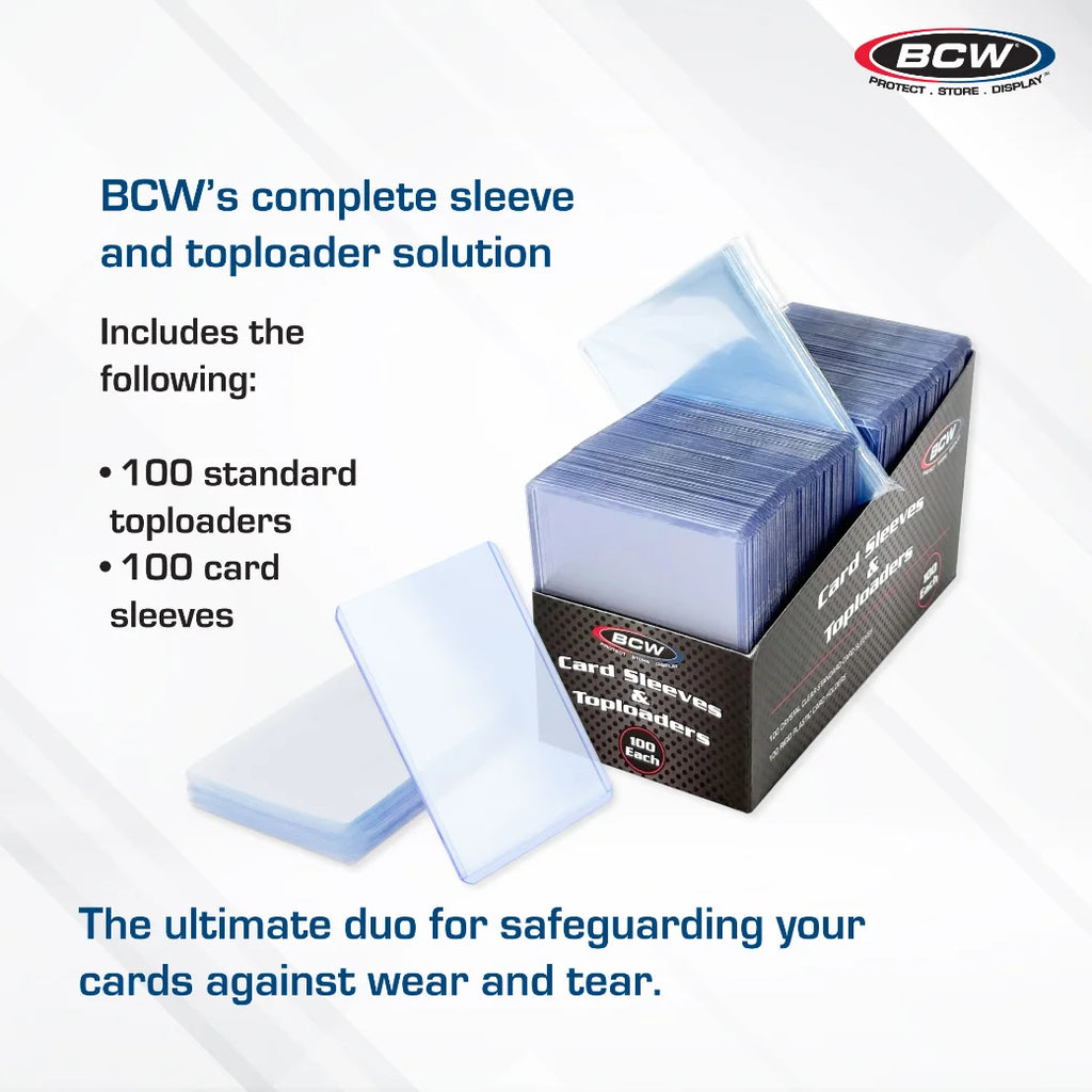 BCW card sleeves and toploader packaging with text on a white background