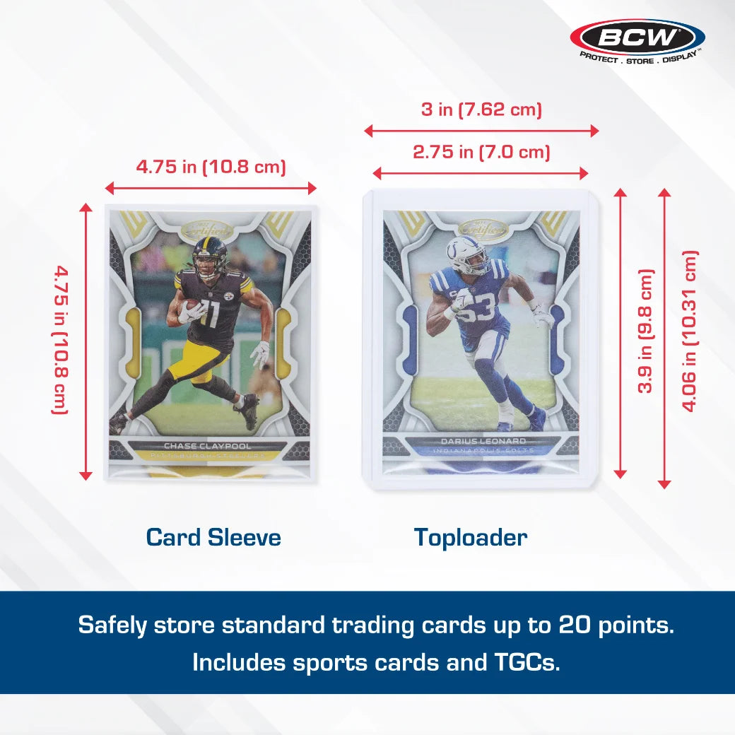 BCW card storage set comparison graphic showing two sports trading cards with dimension callouts: a Chase Claypool card in a sleeve on the left and a Darius Leonard toploader on the right. Red arrows and text indicate card sleeve dimensions.