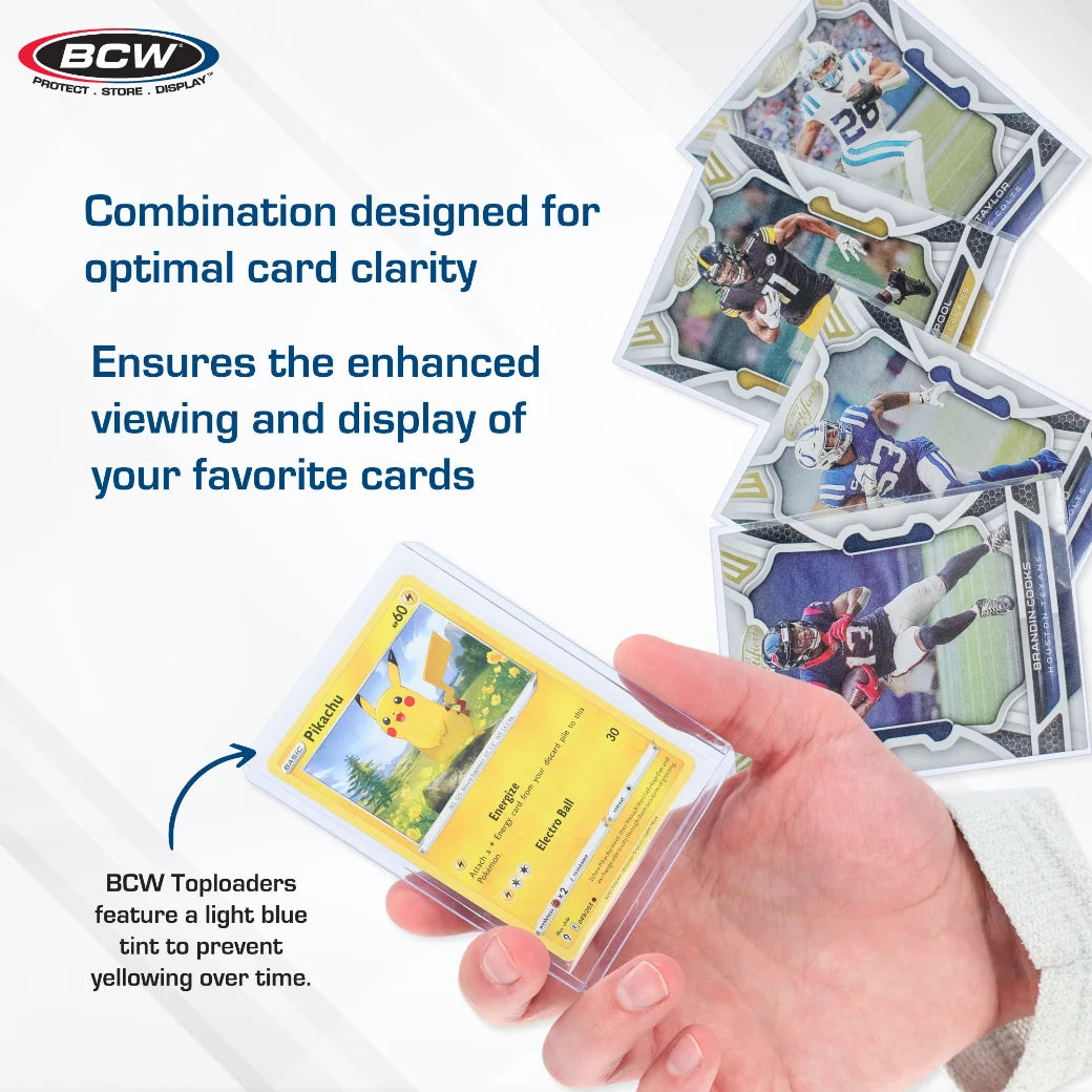 Pikachu card with football cards and a box on a white background in BCW toploaders.