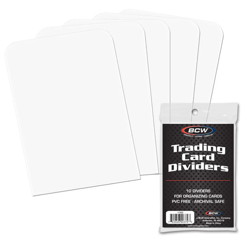 Four white PVC card dividers fanned out next to their retail packaging on a plain white background. The packaging is labeled 'BCW Trading Card Dividers'.