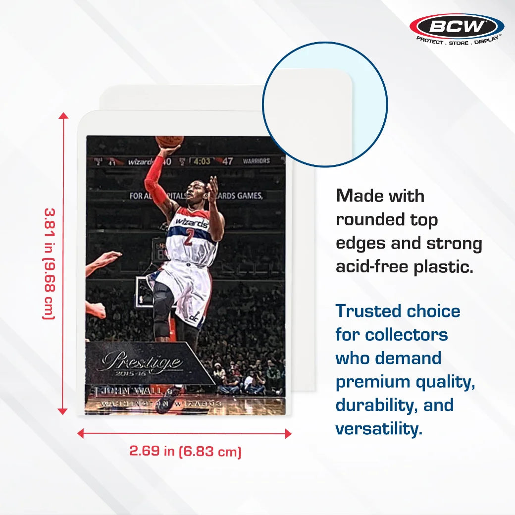 Basketball trading card in with a BCW trading card divider comparing the divider with a basketball card.