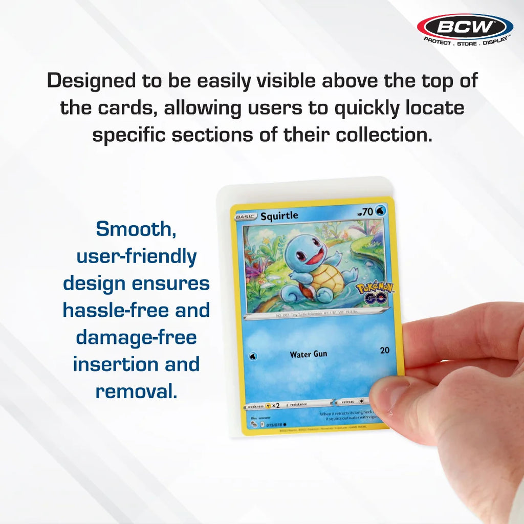 A hand holding a Pokémon Squirtle card inside a clear protective sleeve, with marketing text explaining the card's visibility and user-friendly design. A BCW logo appears in the top right corner.