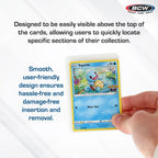 A hand holding a Pokémon Squirtle card inside a clear protective sleeve, with marketing text explaining the card's visibility and user-friendly design. A BCW logo appears in the top right corner.