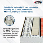 BCW card box organizer with dividers for organistation, featuring the BCW logo and text about product compatibility.