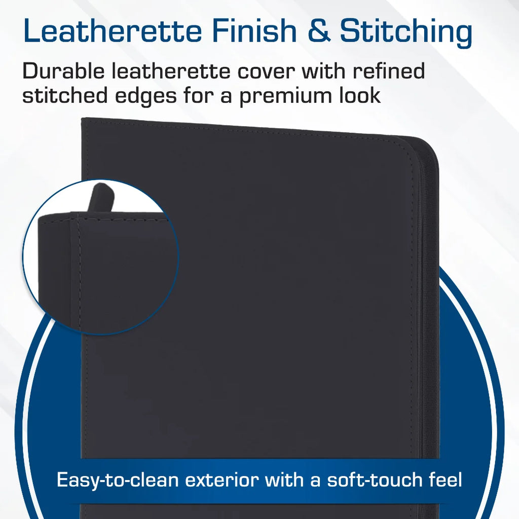 Black leatherette cover with stitching details on a white background