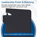 Black leatherette cover with stitching details on a white background