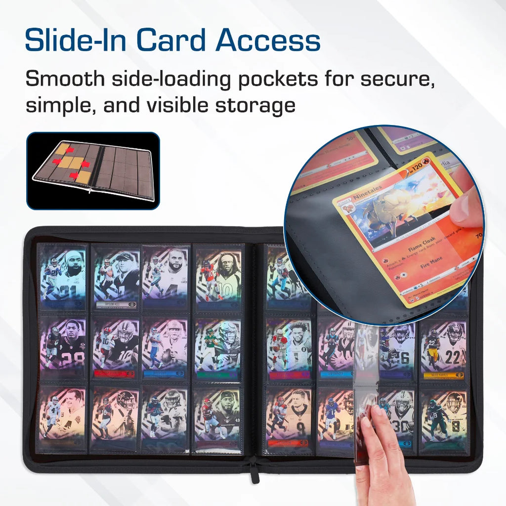 A black slide-in card organizer binder shown open, filled with collectible cards in protective sleeves. The image includes marketing text about smooth side-loading pockets, a small inset showing the interior layout, a circular close-up of cards, and a hand sliding the cover open.