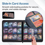 A black slide-in card organizer binder shown open, filled with collectible cards in protective sleeves. The image includes marketing text about smooth side-loading pockets, a small inset showing the interior layout, a circular close-up of cards, and a hand sliding the cover open.